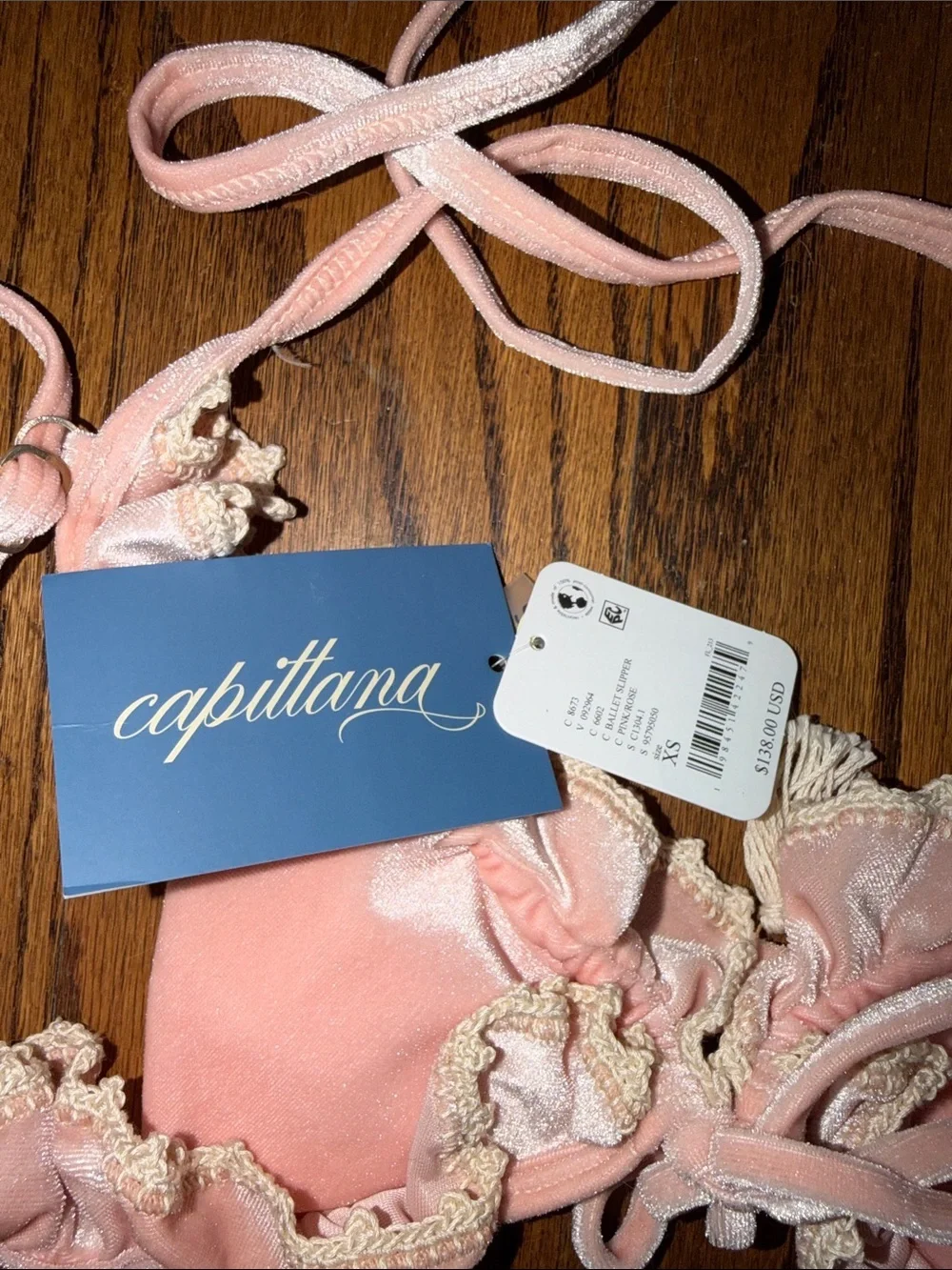 Capittana Baby Pink Ginger Velvet Bikini Top Ruffle Tie-Front Bikini with NWT XS - Picture 10 of 11